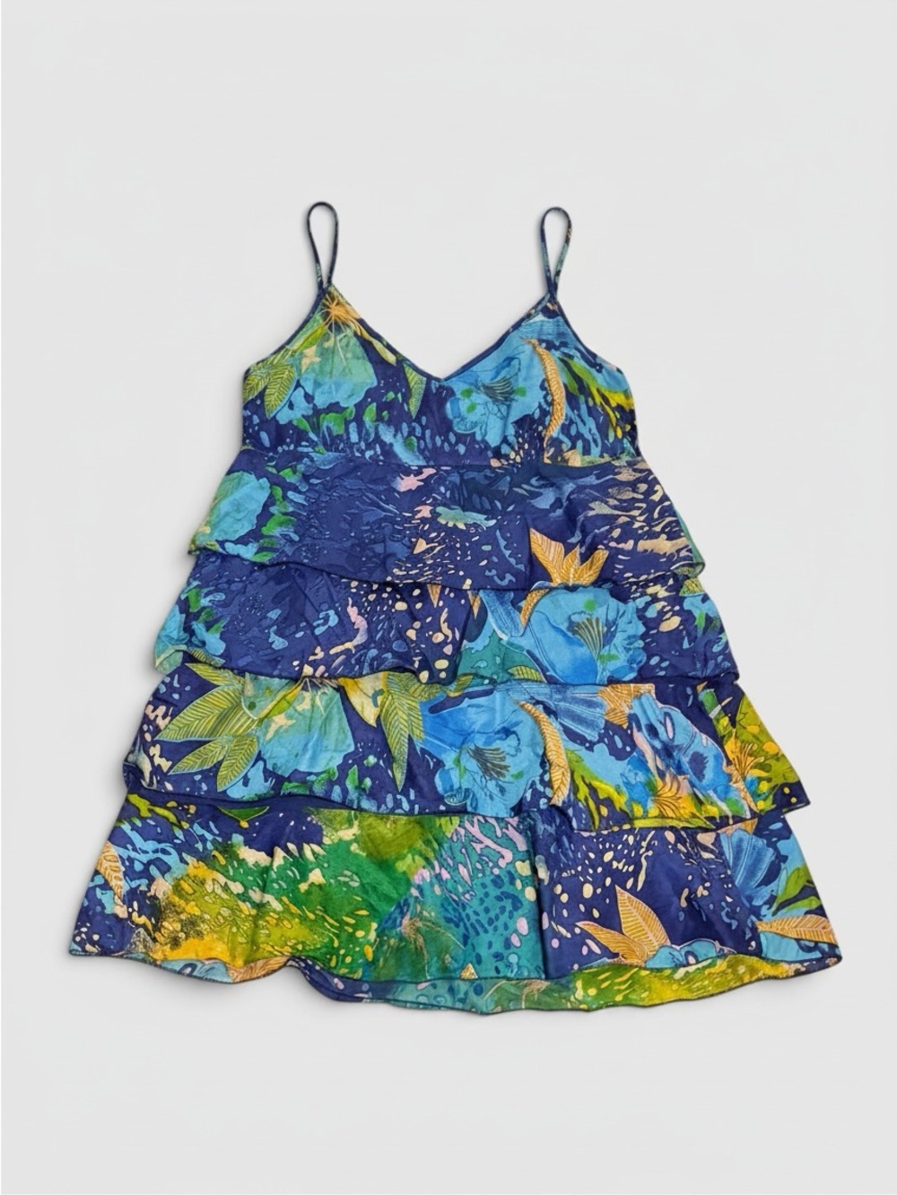 She’s Cool Y2K Tiered Ruffle Sundress Blue Tropical Watercolor Boho